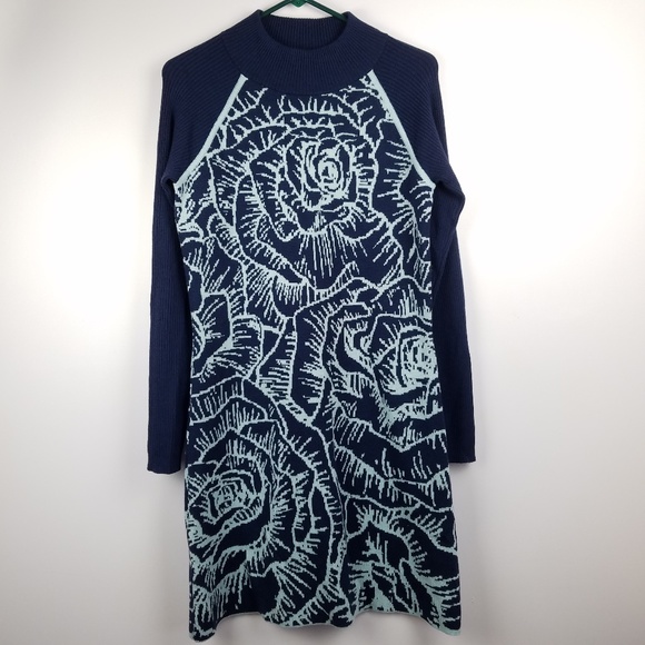 Title nine Dresses & Skirts - Title Nine Merino Wool Dress Blue Floral M EUC